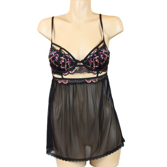La SENZA Baby Doll Bra Neon Black Lace Medium Sheer Lined Underwire Cups b98 - Picture 1 of 6